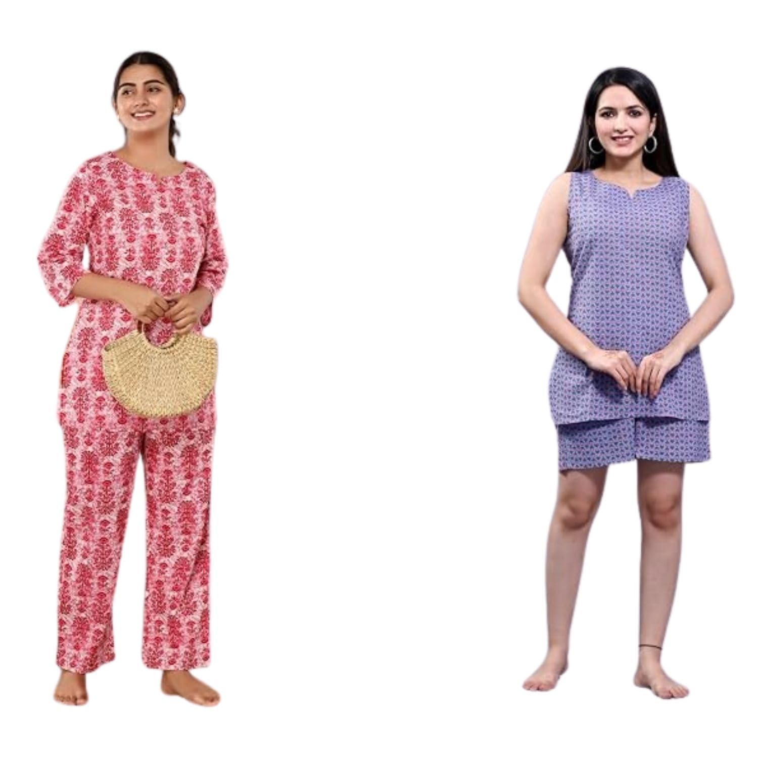 Women Printed 02 Topwear (1 sleeveless top and one is 3/4 sleeve) and 02 (1 payjama or 01 short) bottom wear Cotton KCC171 Red or purple Top & Pyjama Set-image-42