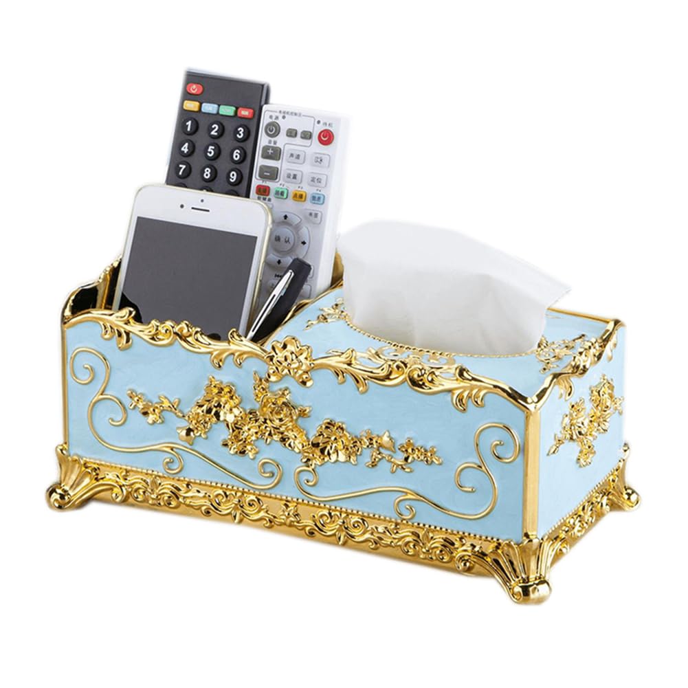 Qinqin Store Gold Blue Creative Tissue Box Cover With Remote Control Storage Box Holder Organizer Decorative Paper Facial Tisue Box Holder (, 27×13×11Cm/10.63"×5.12"×4.33")