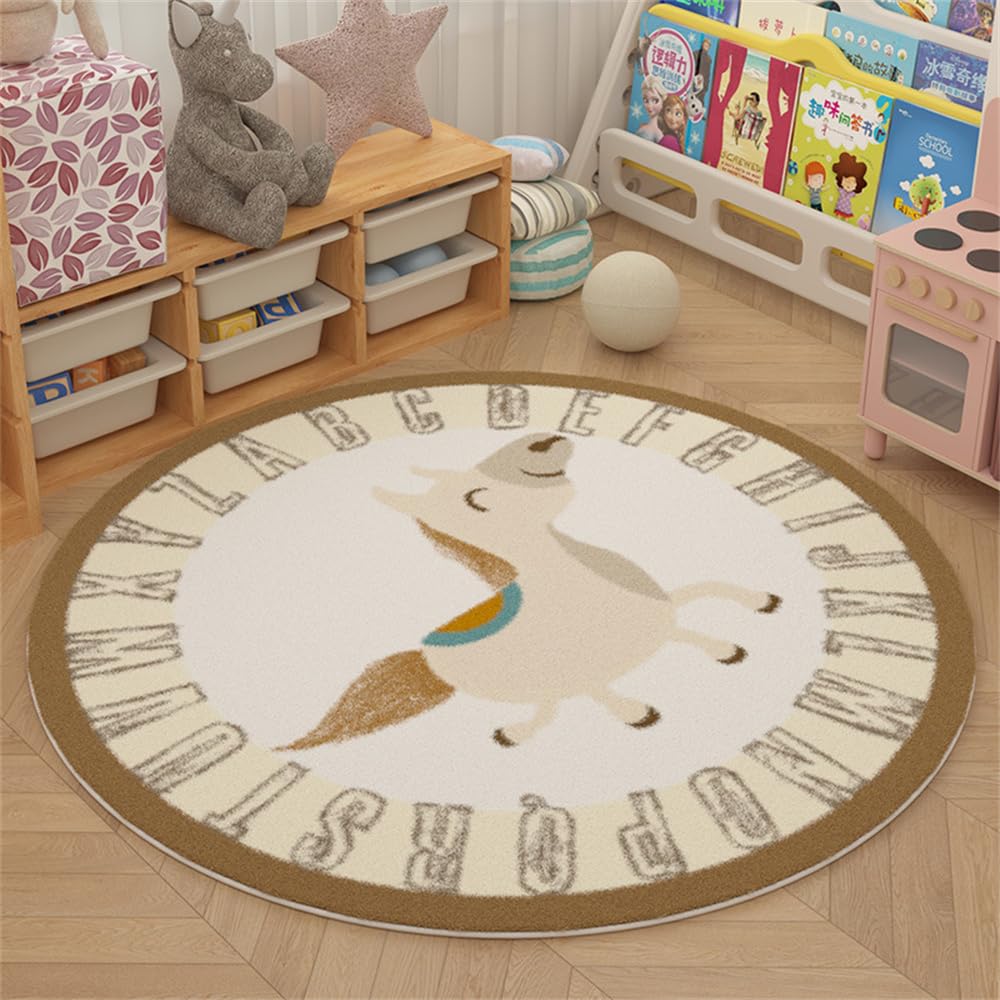 YATOLA Alfombras Redonda Alfombra Habitación Lavable Antideslizante Muy Suave para Salón o Dormitorio, Esponjosa de Cama Infantil Bebe Niña Niño De Juego Animal Unicornio Dinosaurio (Beige 2, Ø60cm)