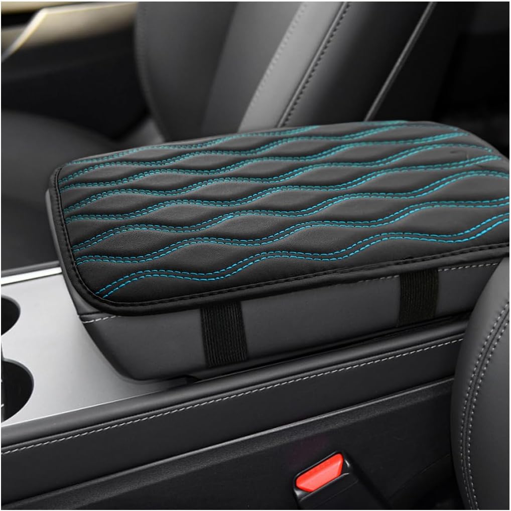 Car Center Console Pad, 12.5"× 7.4" Leather Comfortable Auto Armrest Box Cover, Waterproof Vehicle Center Console Protector Pad, Universal Car Accessories for SUV Truck (Black+Blue)