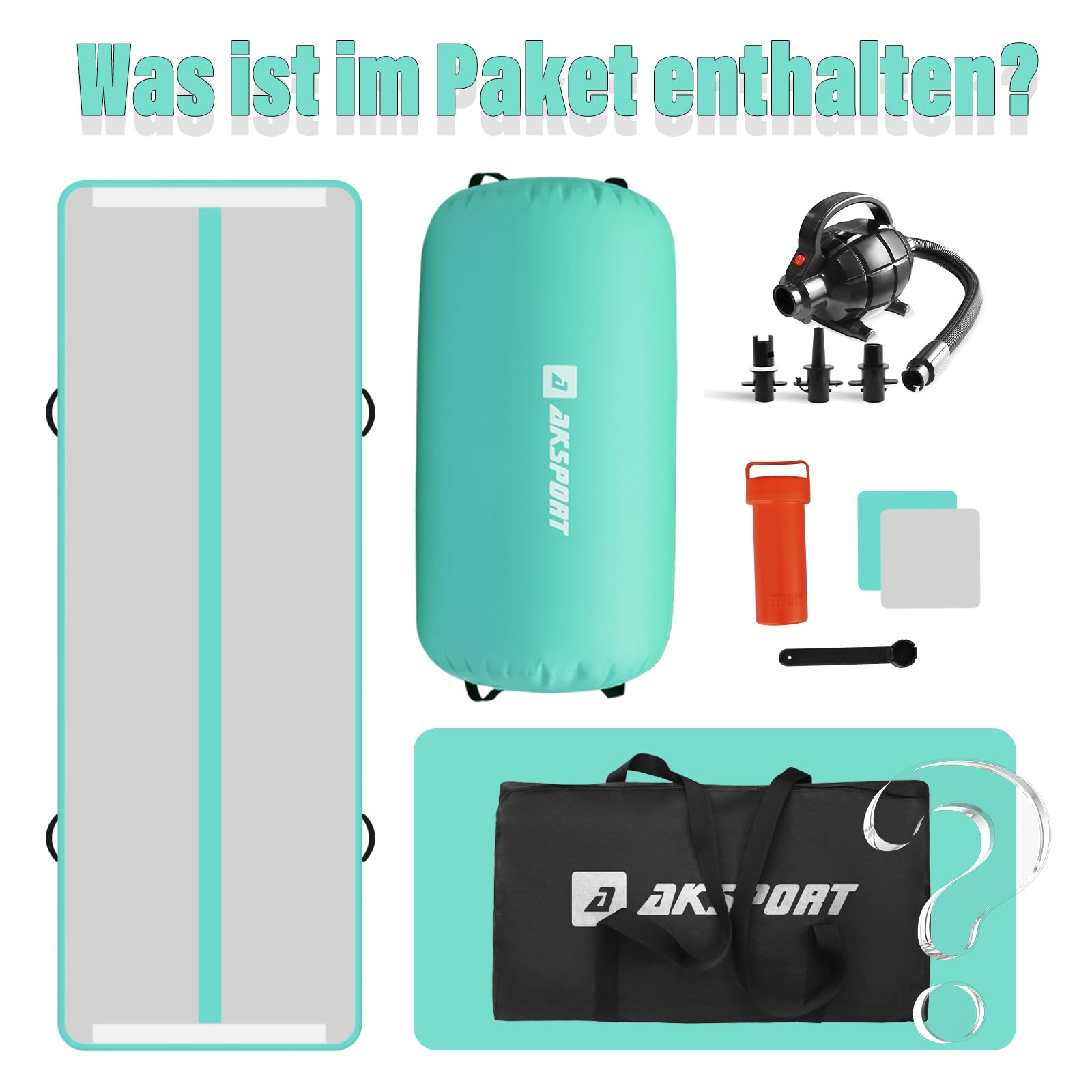 AKSPORT Airtrack mit Air Roll Aufblasbar Gymnastikmatte Turnmatte Air Tracking Matte 3m mit rolle mit Luftpumpe für Hause/Yoga/Cheerleading/Tumbling/Rückwärtsbeugen