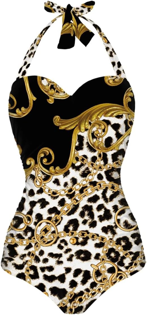 GLUDEAR Women Tummy Control Swimwear Halter One Piece Slimming Vintage Swimsuit Ruched Push Up Bathing Suit