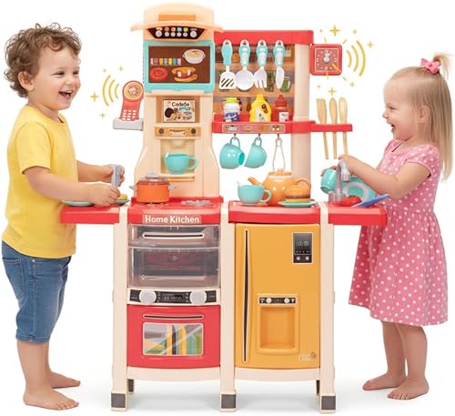 Juego de cocina para niños, cocina de juego de simulación de 39.4 pulgadas de alto para niños de 1 a 3 años, 65 piezas para niños de 4 a 8 años con