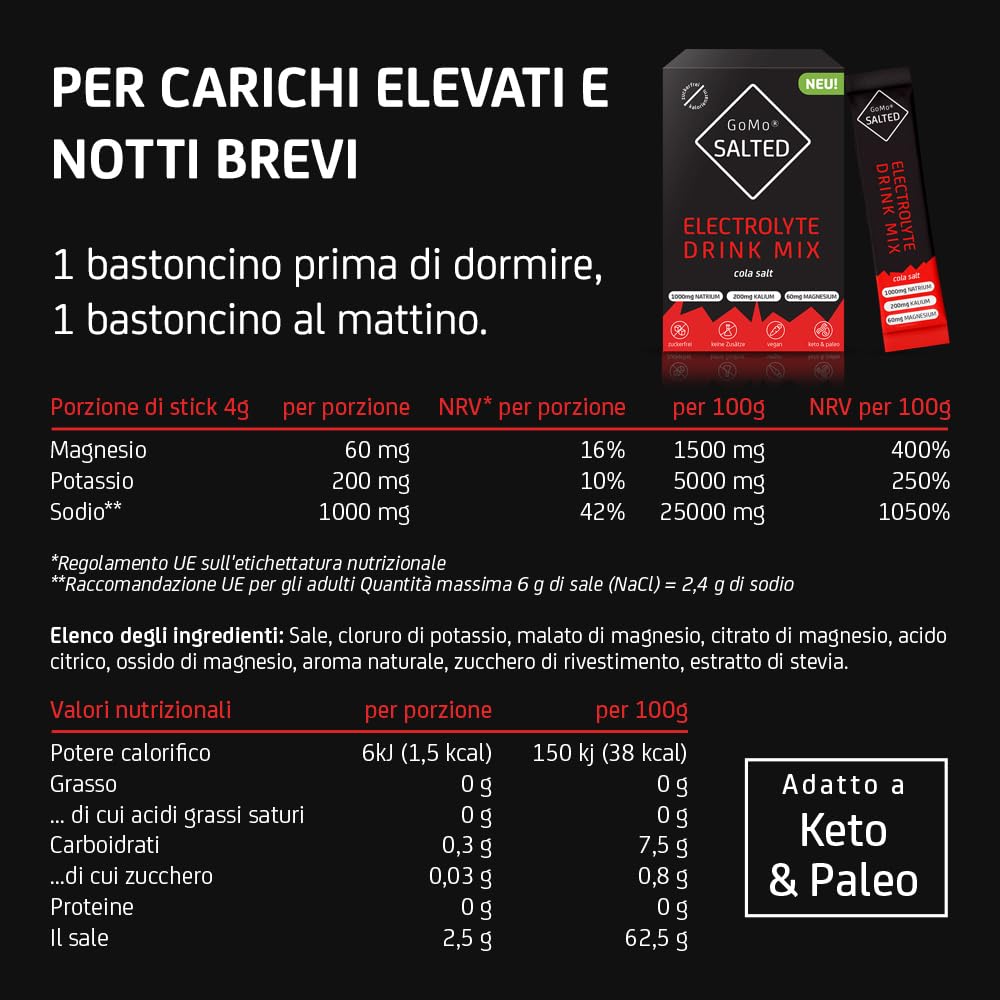 GoMo SALTED Hydration Aid | Elettroliti senza zucchero | migliore assorbimento dell'acqua e idratazione rapida | 30 porzioni singole di polvere elettrolitica con sale alpino svizzero | Gusto Cola