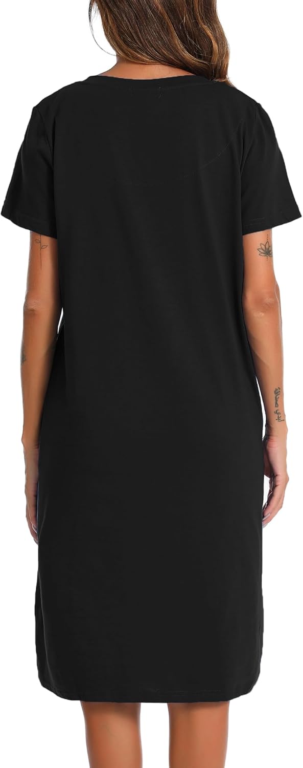 ENJOYNIGHT Womens Nightgown Cotton Short Sleeve Sleepwear V-Neck Casual Print Sleepshirt With Pockets - Image 5