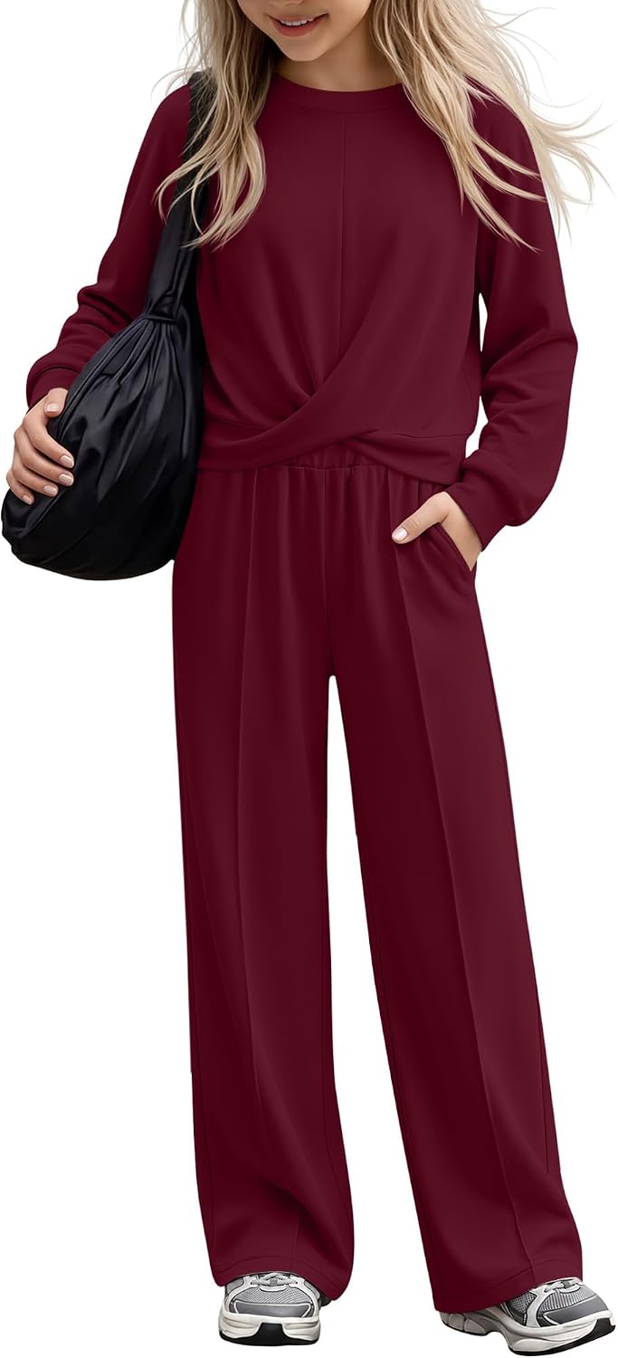 Girls 2 Piece Outfits Tween Long Sleeve Twist Tops and Wide Leg Pants Fall Solid Casual Clothing Set for 5-14 Years
