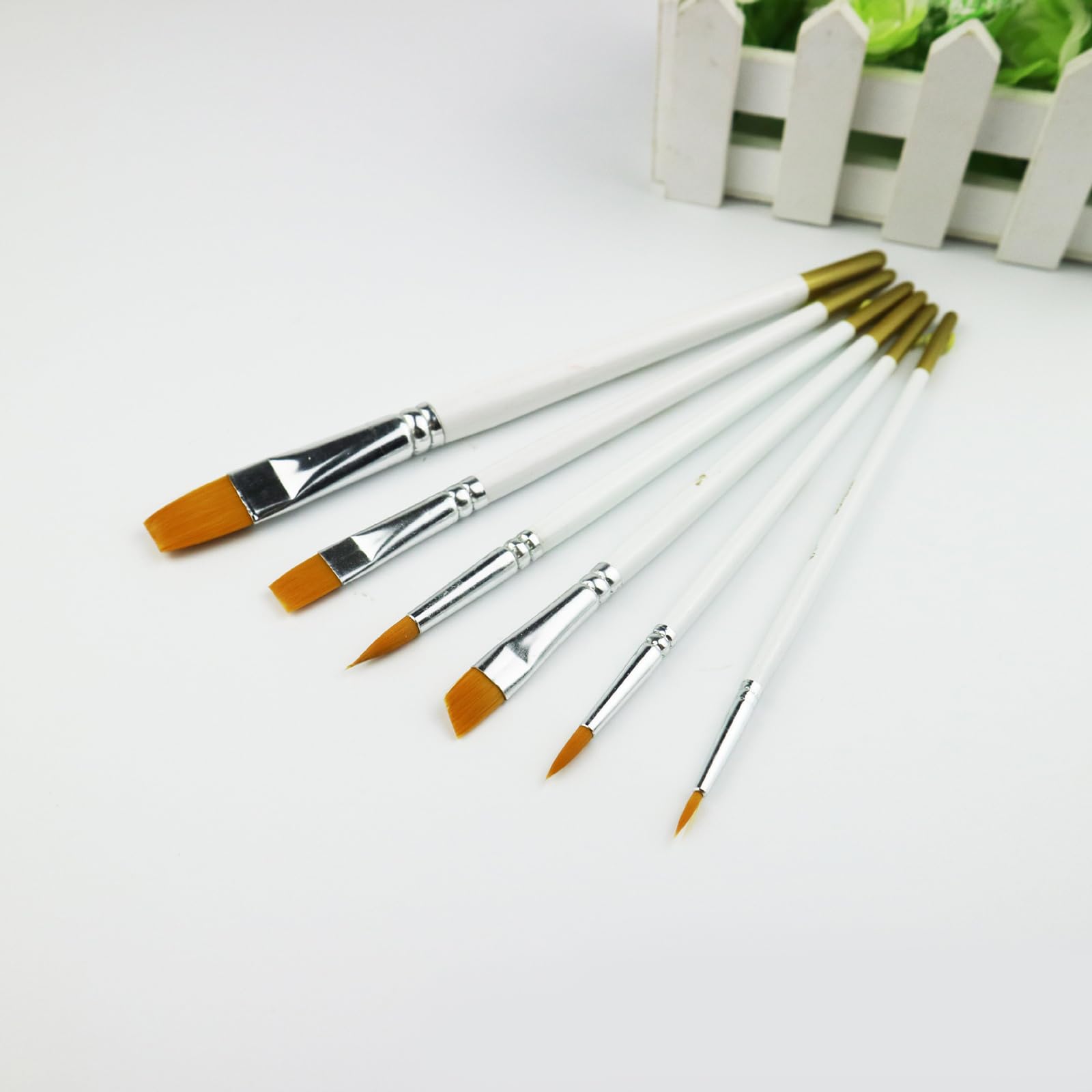 Set di 6 pennelli per Pittura acrilica in Nylon con Manico in Legno Bianco, Piccoli pennelli per Pittura a Punta fine, pennelli per Pittura a Olio, pennelli per Acquerello