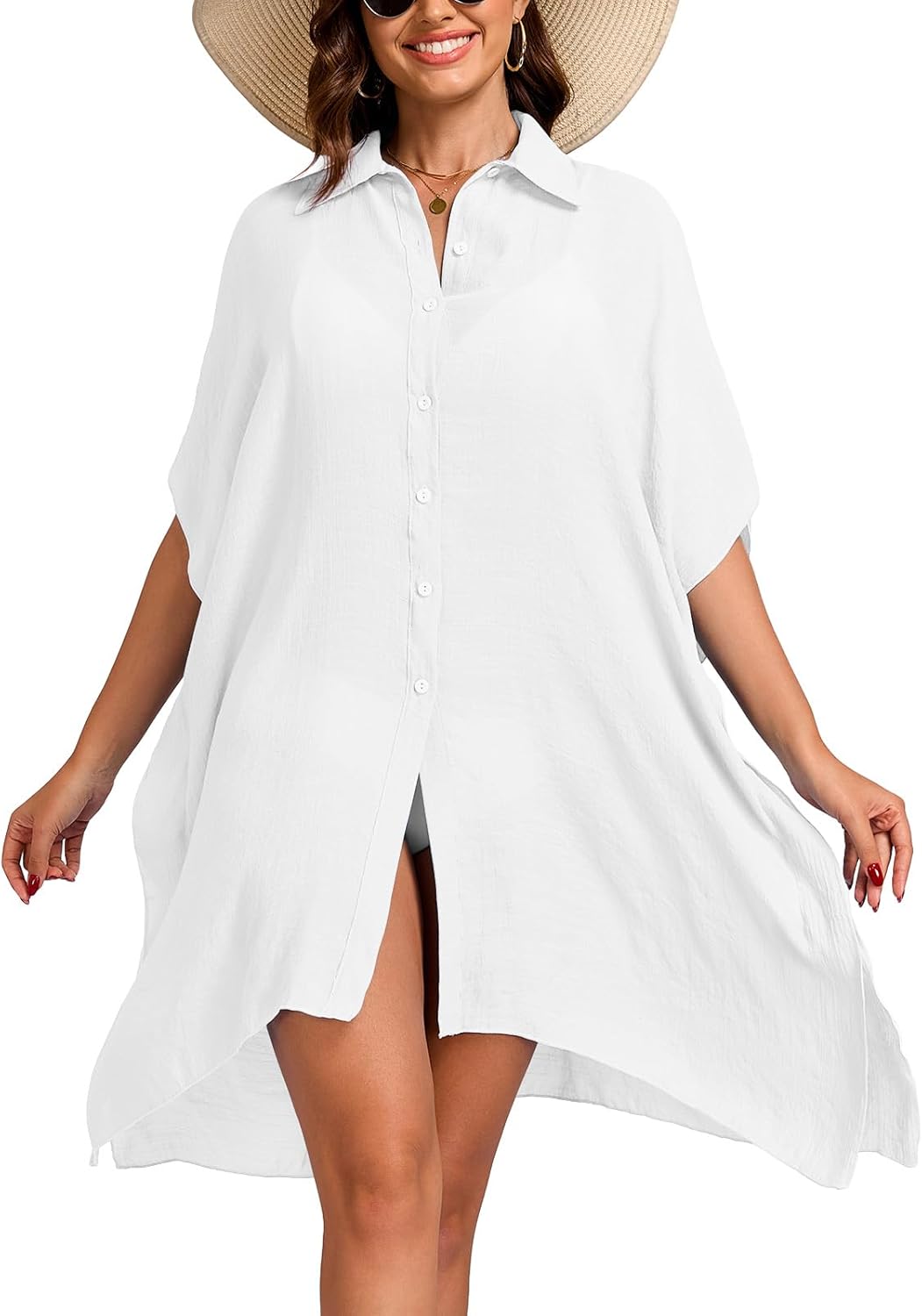 KIWI RATA Women’s Swimsuit Coverup Shirt Dress Short Sleeve Bathing Suit Cover Up Beachwear