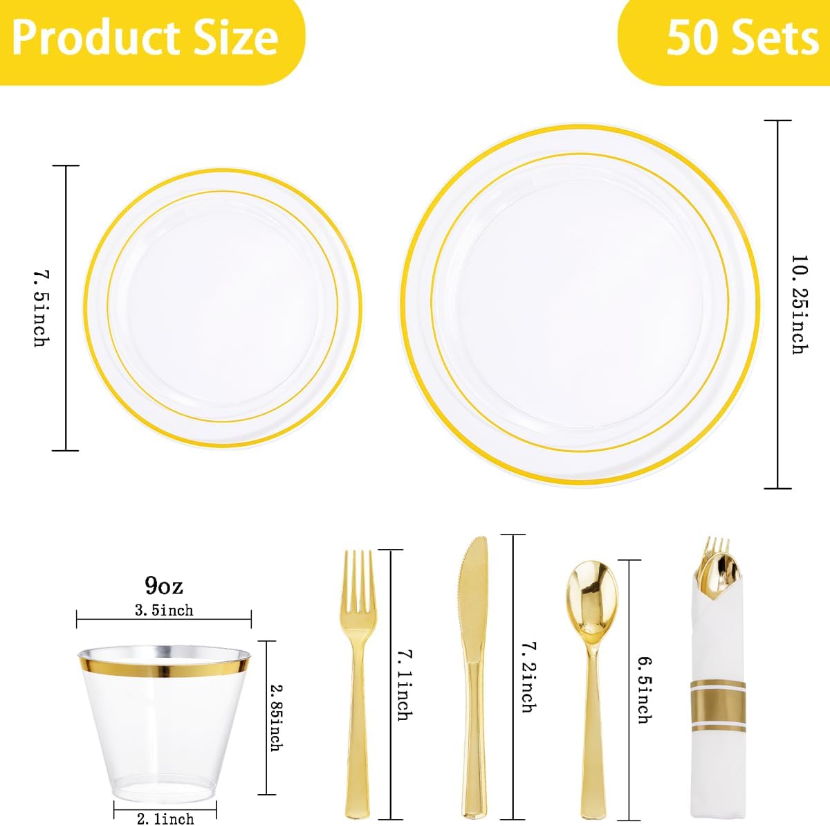 DaYammi 350PCS Clear Gold Plastic Dinnerware Set for 50 Guests image 4
