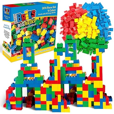Strictly Briks Toy Large Building Blocks for Kids and Toddlers, Big Toy Building Set for Ages 3 and Up - Compatible with All Major Brands, Blue, Green, Red, and Yellow, 204 Pieces Cover