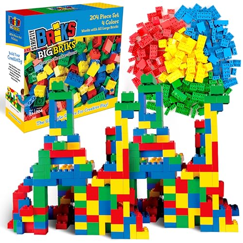 Strictly Briks Toy Blocos de construção grandes para crianças e pequenas, conjunto de tijolos grandes para idades de 3 anos, azul, verde, vermelho e amarelo, 204 peças