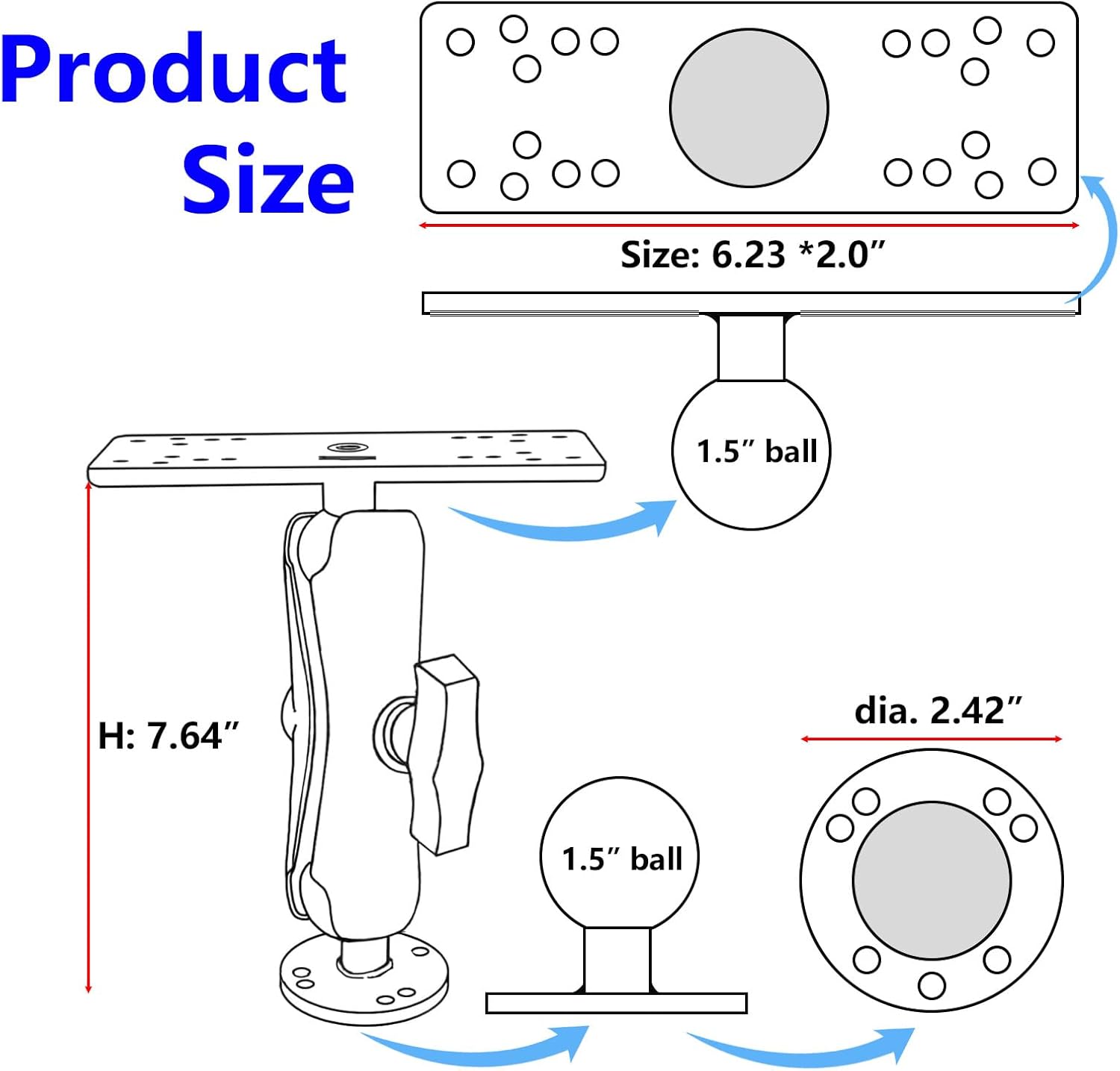 Universal Marine Fish Finder Mount, Aluminum Alloy Medium Arm Bracket with 1.5" Ball Mount Plate & Base, Compatible with Garmin Lowrance Humminbird Chartplotter Marine Electronics