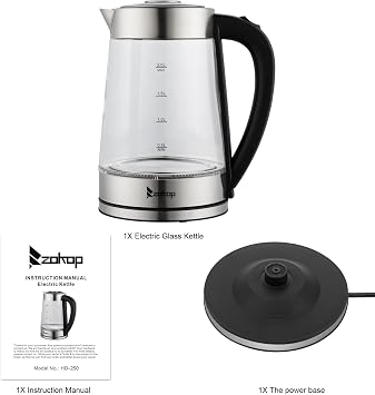 2L Multi-Use Electric Glass Kettle,Electric Glass Kettle, 2L Water Kettle with Blue LED Lighting, Fast Boil Quiet Clear Kettle, Boil-Dry & Overheat Protection, BPA Free, 2000W