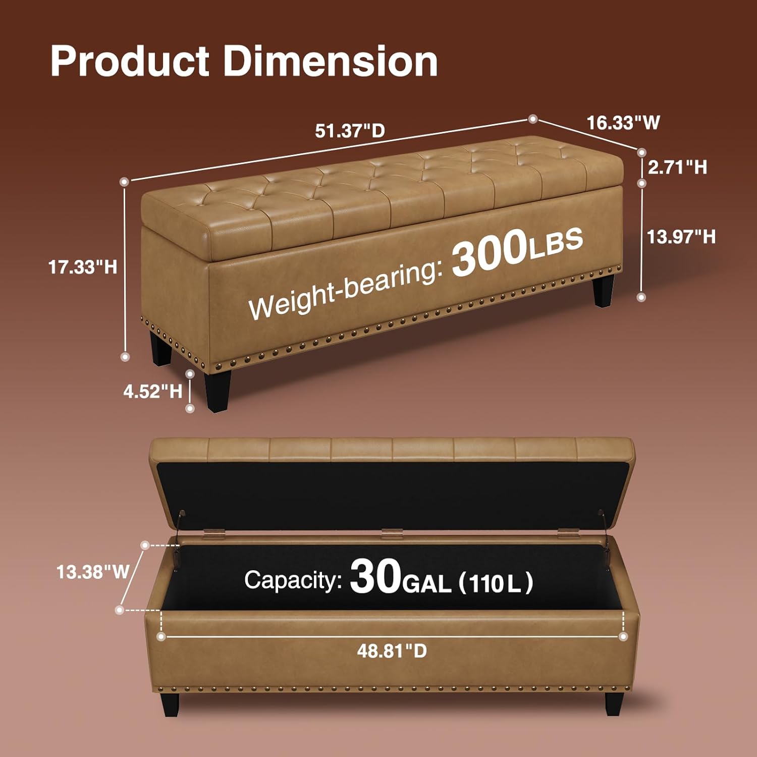 Size 51 Color brown Storage Ottoman Bench,51-Inch Large Storage Bench for Bedroom End of Bed, 30 Gallons Faux Leather Ottoman with Storage for Bedroom, Living Room, Entryway, Hallway,Camel