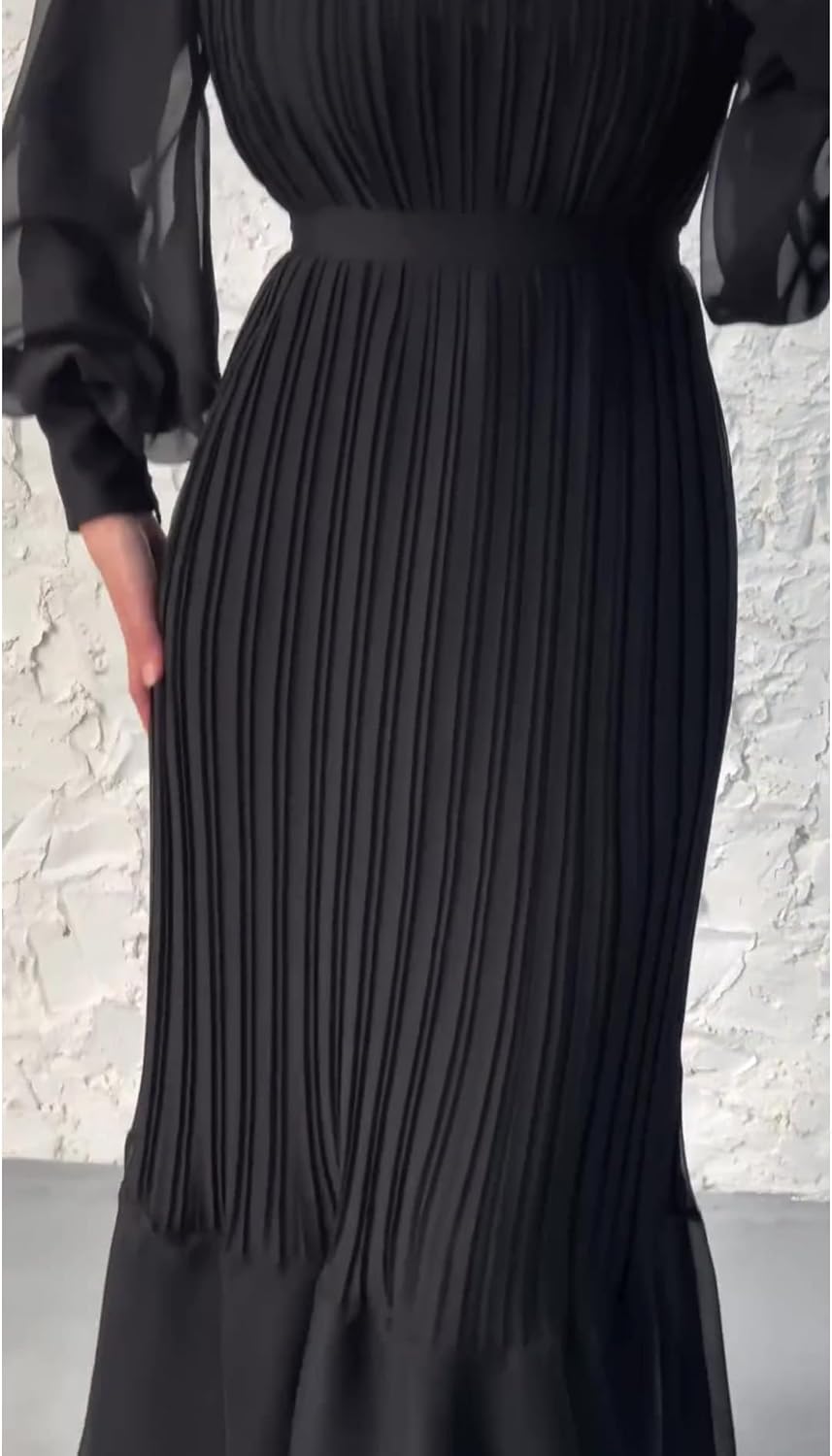 Sexyshine Women's Mock Neck Long Sleeve Full Pleated Chiffon Maxi Dress High Waist Belted A Line Cocktail Party Long Dress - Image 4