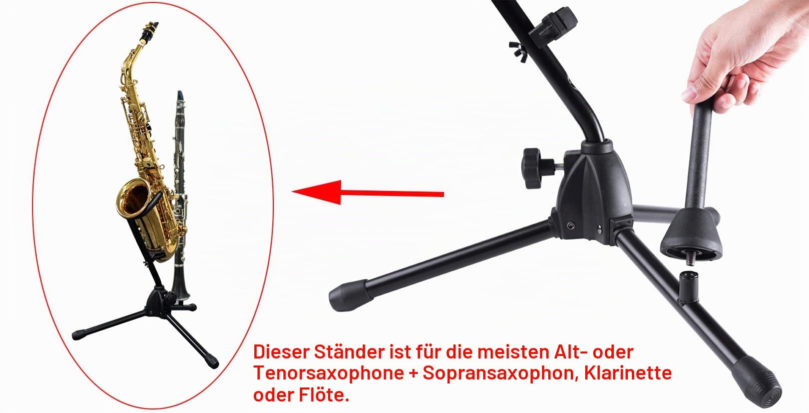 Rayzm Alt-/Tenorsaxophonständer mit Abnehmbarem Flöten-/Klarinettenhalter, Verstellbarem und Tragbaren Ständer für Altsaxophon, Tenorsaxophon, Klarinette & Flöte