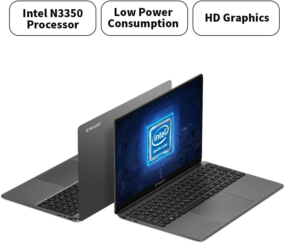 TECLAST F15S laptop with an Intel Apollo Lake processor graphic, indicating its Intel N3350 processor and HD Graphics.