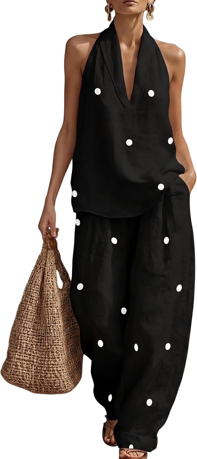 Polka Dot Linen Sets for Women 2 Piece Summer Sleeveless V Neck Halter Top Wide Leg Pants Matching Lounge Set
