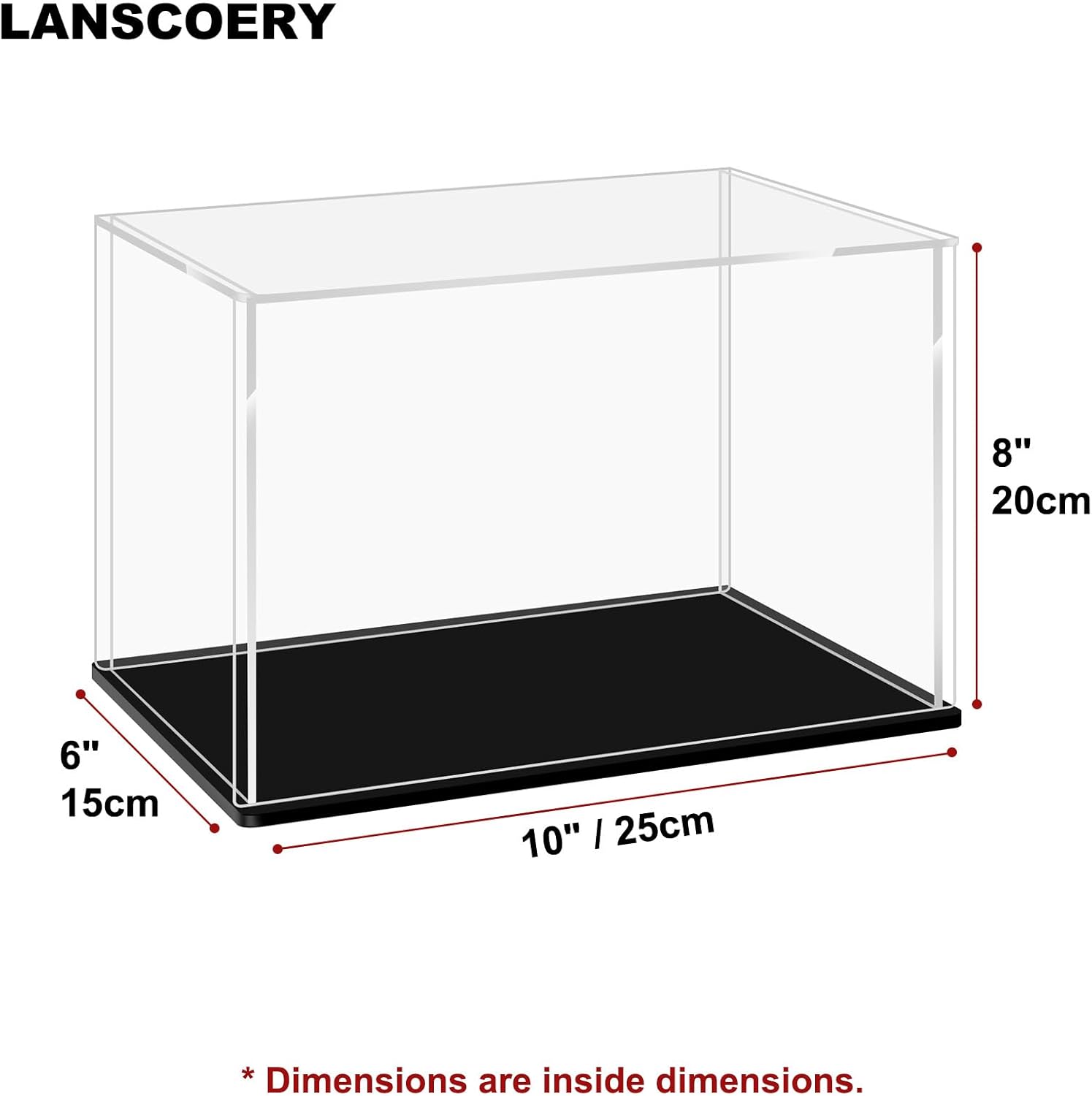LANSCOERY Acrylic Display Case, 10x6x8 in, Upgraded Thickened UV-Resistant Showcase, 98% Clarity Dustproof Box with Glossy Black Base for Action Figures, LEGO & Models, Includes Scraper & LED Light