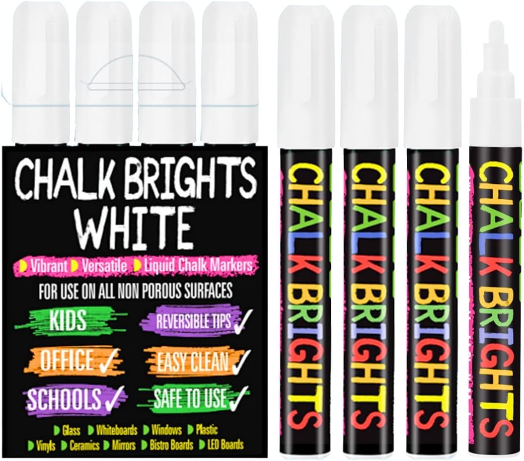 White Chalk Pens for Windows and Glass 4 Pack, White Chalk Pen for Blackboards 6mm Reversible Tip, Wipeable Liquid Chalk Markers for Menus Signs Displays