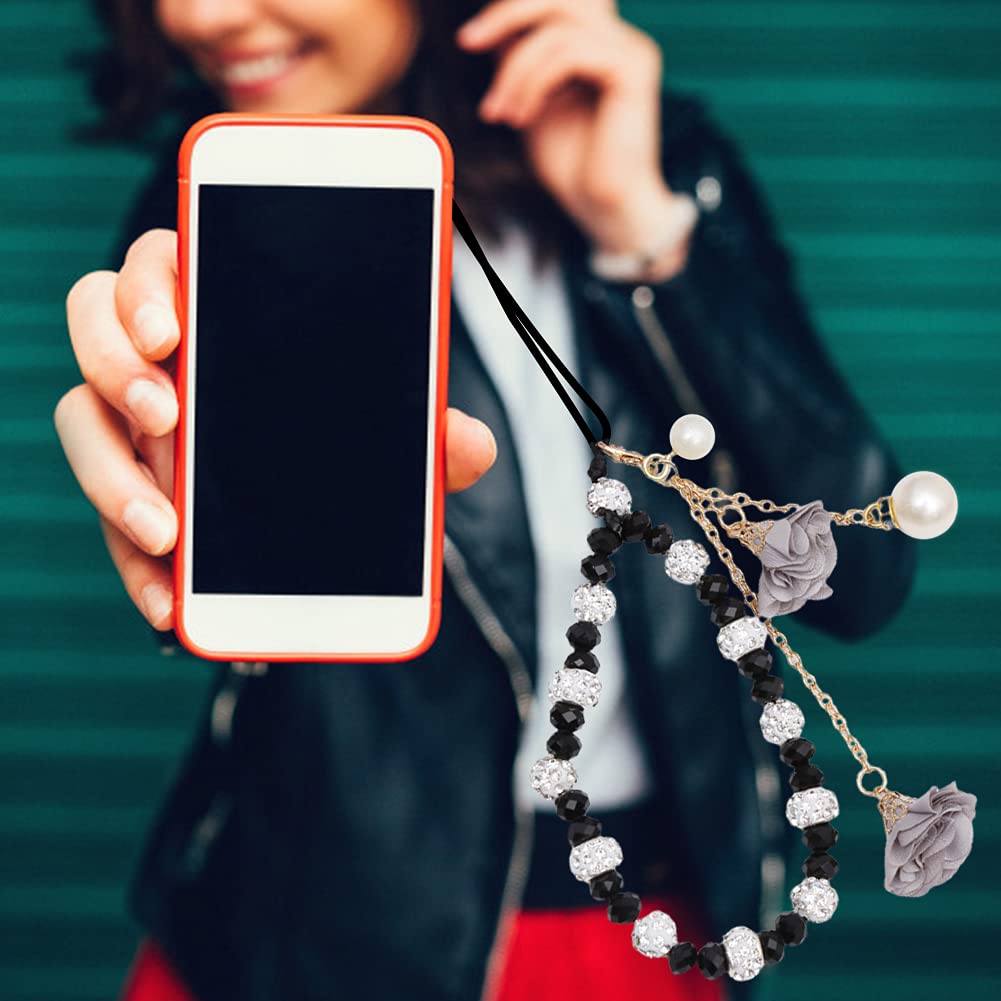 Bloemen Kralen Telefoon Lanyard Polsband Kristal Kralen Telefoon Charm Mobiele Telefoon Ketting Anti-verloren Telefoon Armband Strap Handgemaakte Polsband Autosleutels ID kaarthouder, Wit