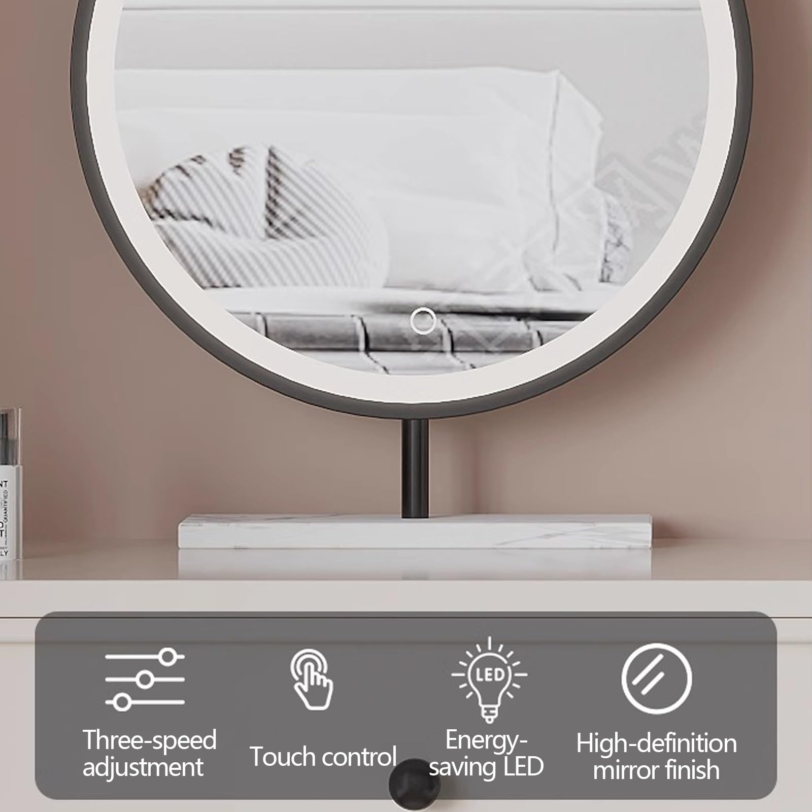 Tavolo da trucco galleggiante moderno con armadietto laterale e sgabello, postazione trucco da parete con specchio e illuminazione, per camera da letto (60 cm)