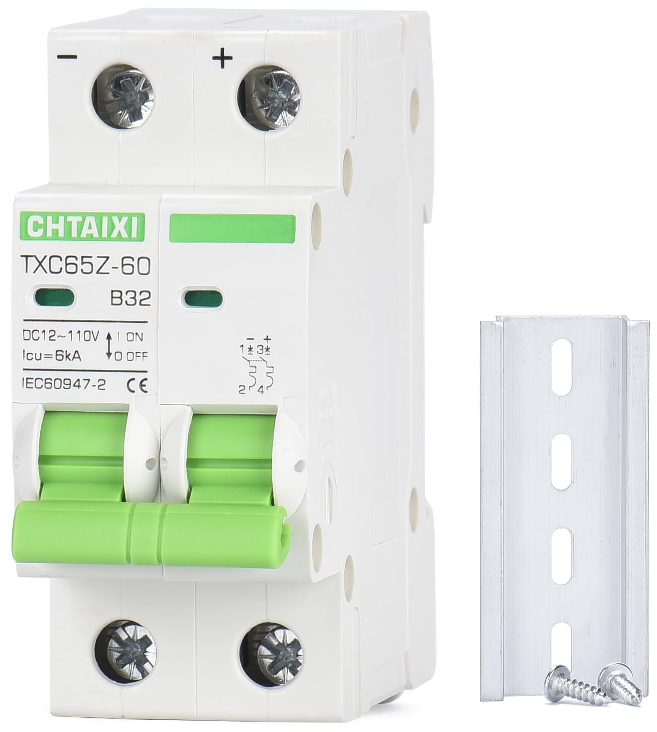 12V-110V DC Miniature Circuit Breaker, 32 Amp 2 Pole Battery Breaker Protector for Solar PV System and RV, Thermal Magnetic Trip, DIN Rail Mount,
