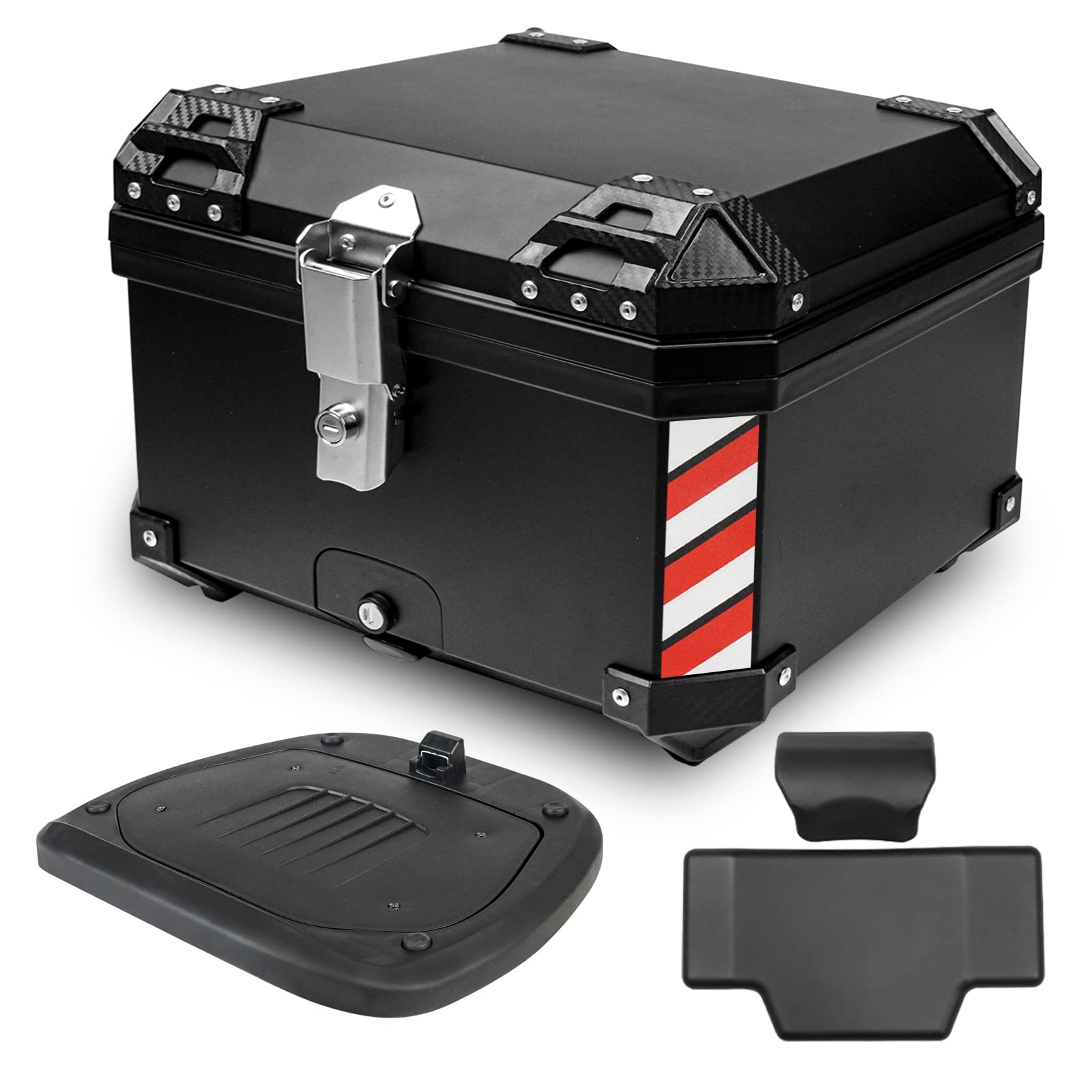Upgraded 55L Motorcycle Top Case, Universal Motorbike Tail Box with Security Lock and Back Cushion, Waterproof Motorcycle Top Box with Bracket Base Plate - Black