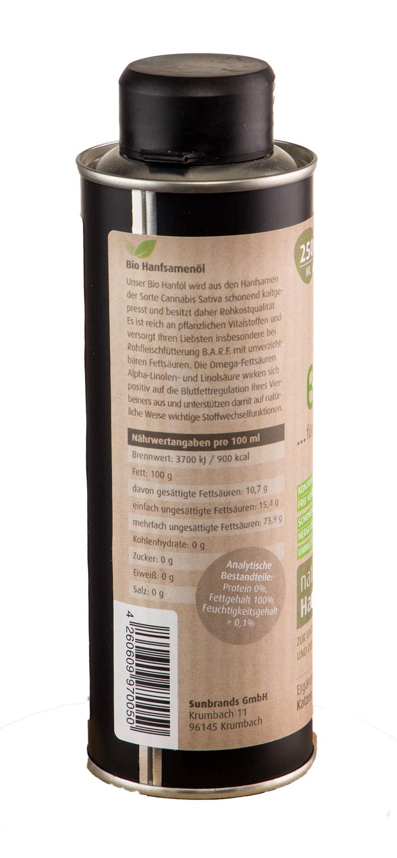 Olio di canapa organico | Olio di canapa biologico spremuto a freddo come mangime complementare per cani, cavalli e gatti, 250 ml