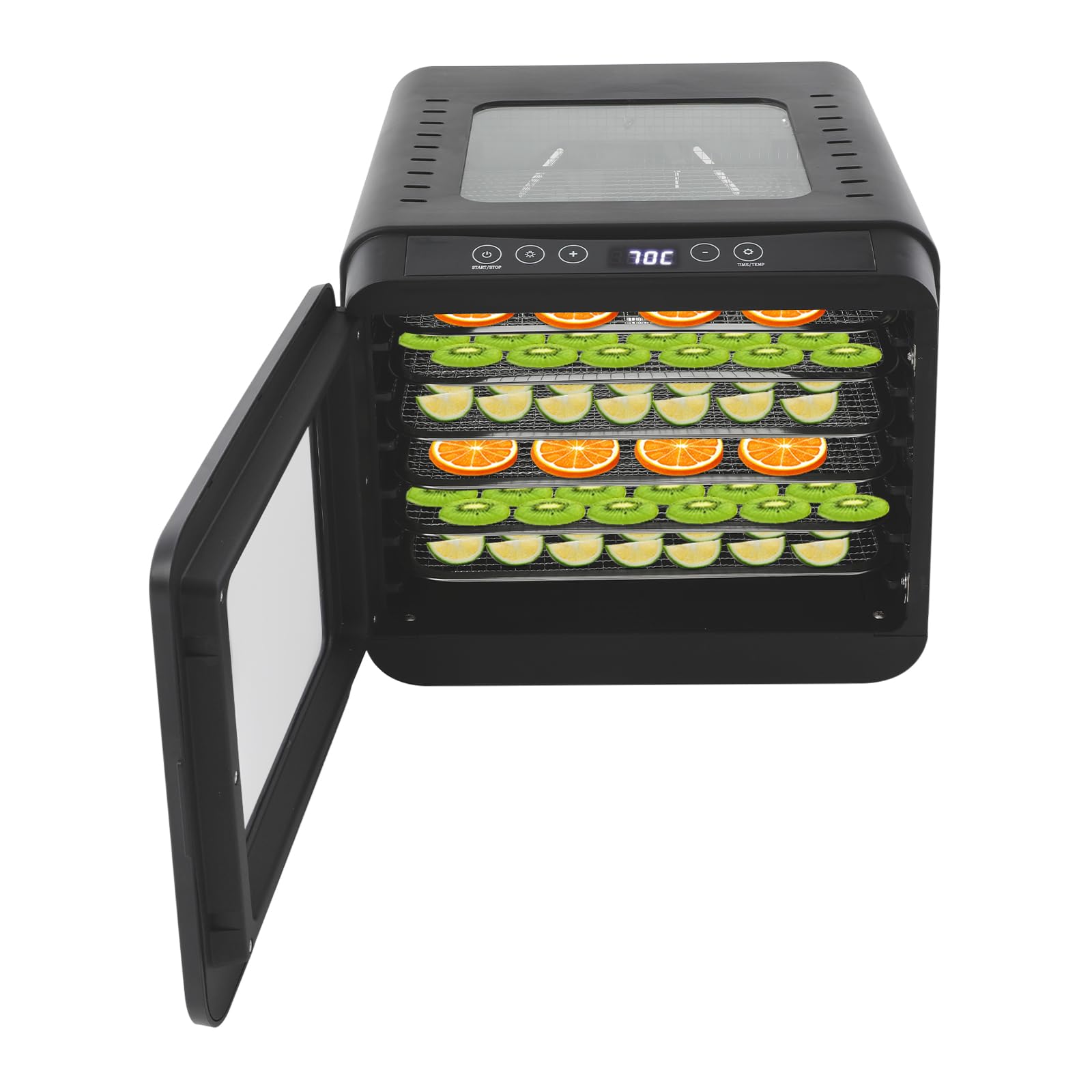 Odwadniacz z 72-godzinnym timerem i regulatorem temperatury 35-70°C, 6 misek ze stali nierdzewnej, powierzchnia suszenia 0,2 m², z wyświetlaczem LED do owoców, warzyw i mięsa