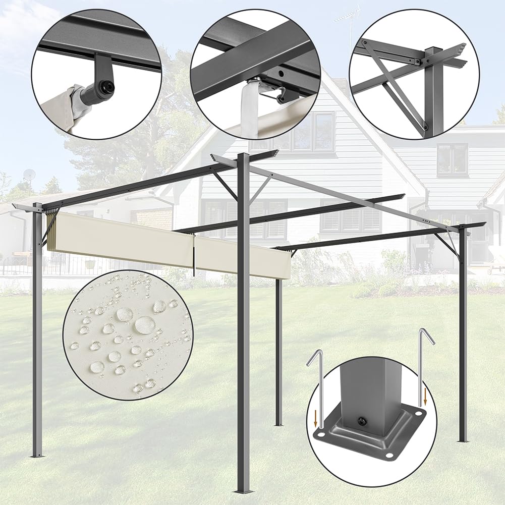 BAKAJI Gazebo Pergola Beige con Telo Retrattile in Poliestere Impermeabile e Anti UV, Struttura Resistente alle Intemperie, Ideale per Esterno, Giardino, Terrazzo, Patio, Ristorante, Bar (3 x 4 Metri)