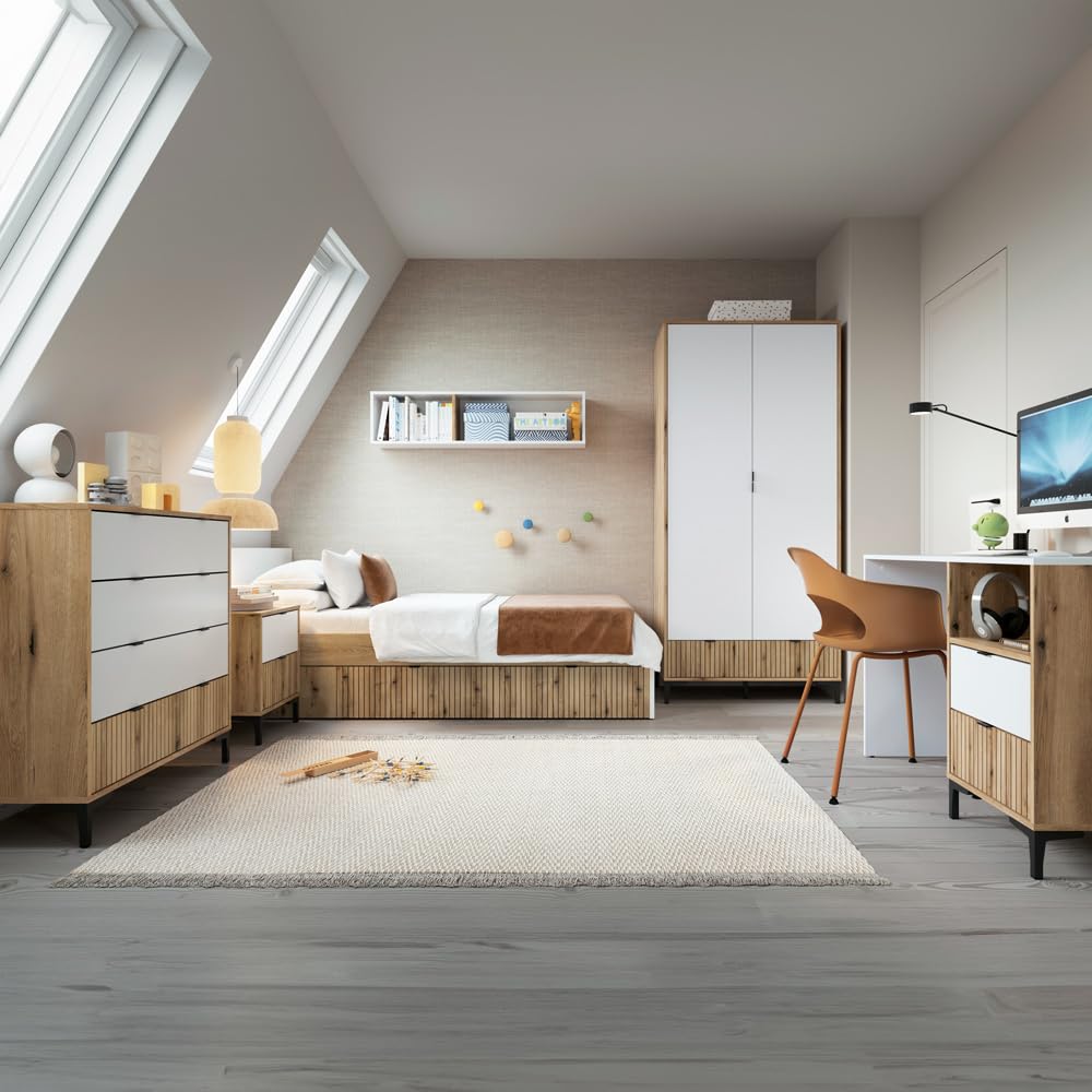 Lomadox Jugendzimmer Komplett Set 6-teilig mit Schreibtisch, Kleiderschrank, Nachttisch, Kommode, Wandregal und Bett 120x200 cm in Eiche mit weiß