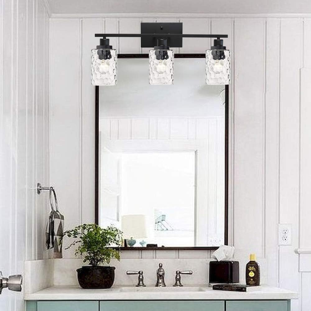Amazon Crazy 🔥 Deals MELUCEE 3-Light Bathroom Light Fixtures, Vanity Lights Over Mirror Black Finish with Hammered Glass, Industrial Wall Light Fixture Suitable for Bedroom Living Room Porch Kitchen