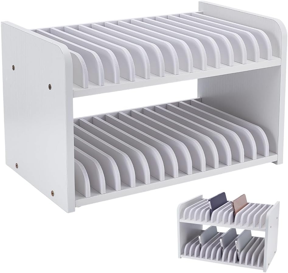 UNICRAFTALE 3-Tier White Wooden Phones Storage 45-Grid Classroom Cell Phone Holder Mobile Phone Desktop Organizer Storages Box Adjustable Multiple Cell Phones Rack Caddy for Classroom Office