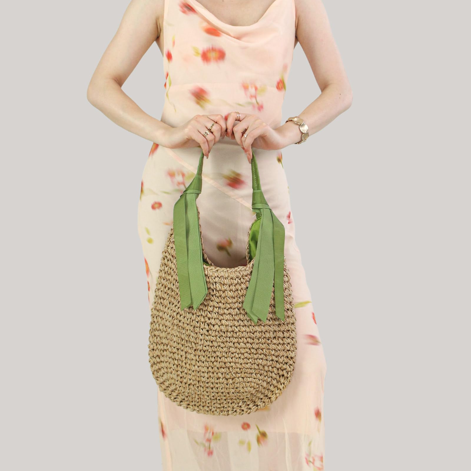 Sac de Plage en Paille pour Femme, Grand Cabas Tressé d'Été Sac à Main Épaule, Sac Hobo en Rotin avec Ruban de Soie