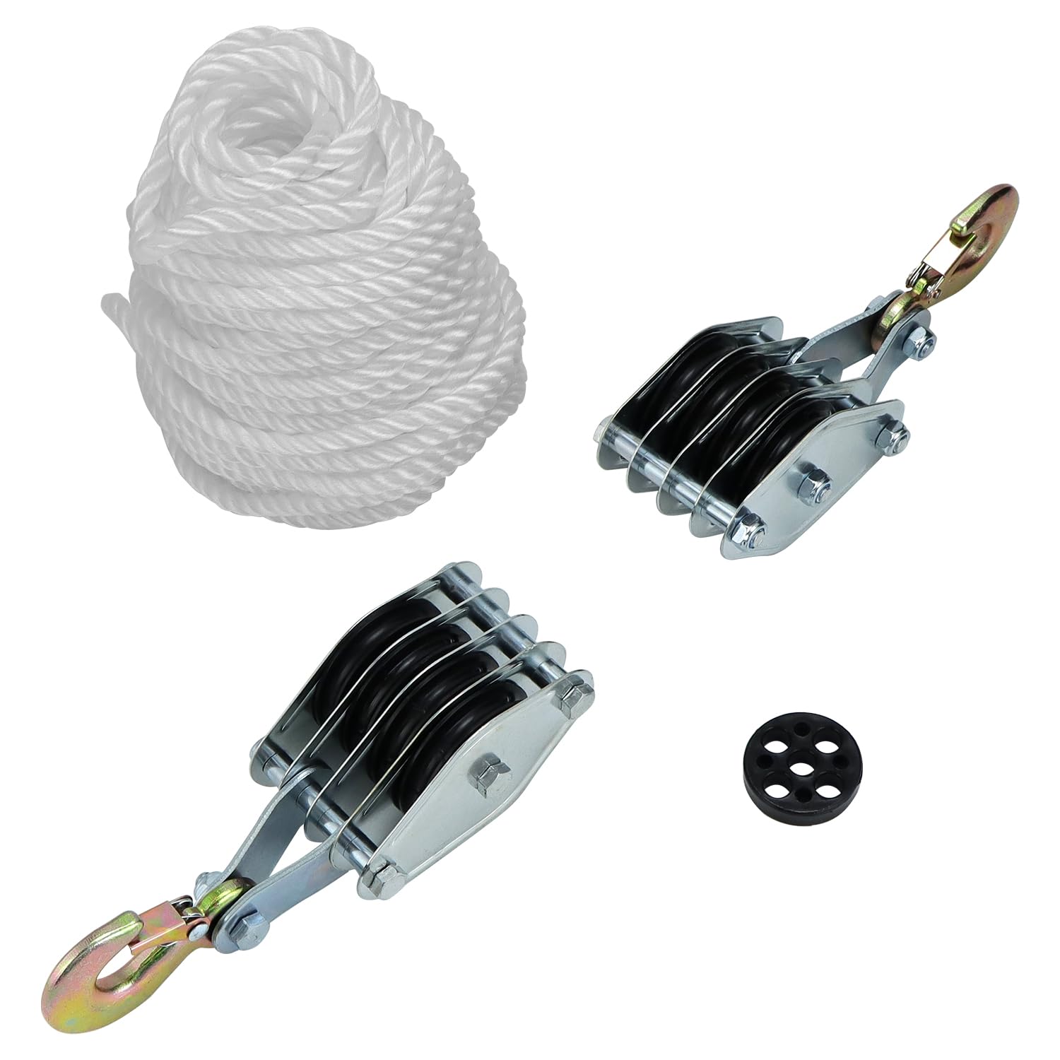QWORK® Poulie de palan à corde de 2000 kg - Acier galvanisé - 8 Poulies - Levage 2,4m - Corde de nylon résistant de 20 m