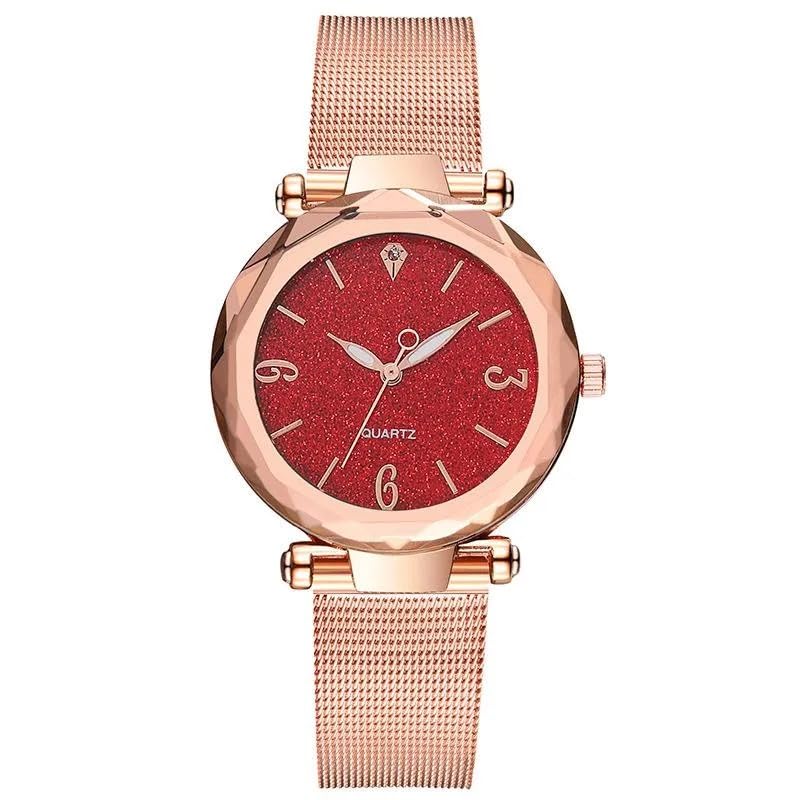 Image of Women's Fashion Quartz Watch with Red Glitter Dial - Rose Gold Mesh Strap, Stainless Steel & Alloy Body - Elegant Analog