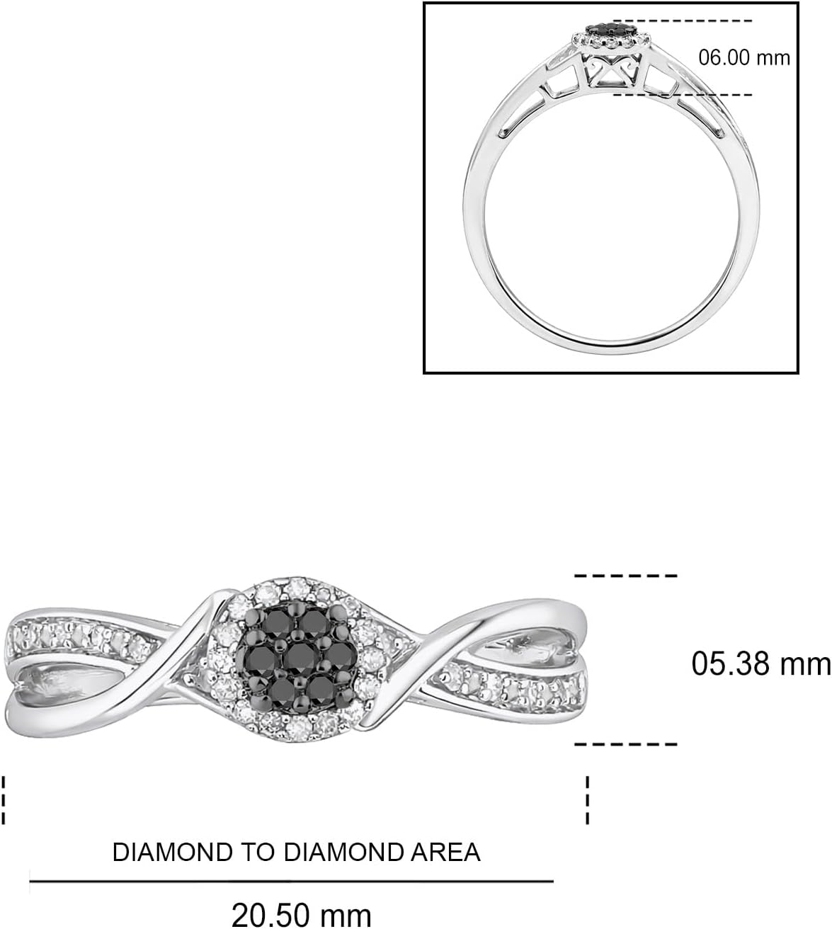 Cali Trove 925 Sterling Silver Diamond Cluster Halo Promise Ring for Women | 1/10CT White & Black Diamonds | Engagement Ring Gift for Her | Jewelry for Her
