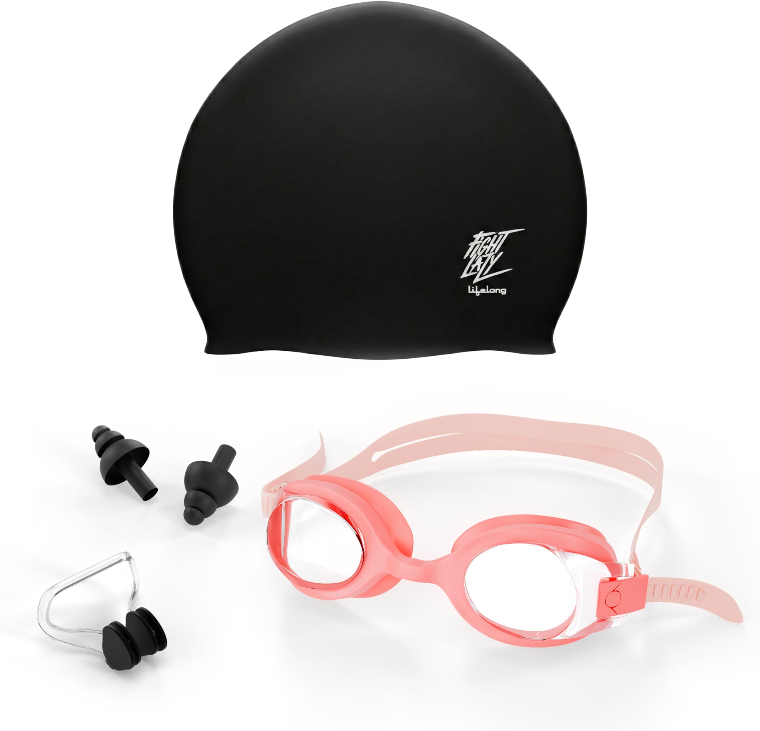 Lifelong Swimming Combo Kit for Kids 5+ Years- Swimming Goggles,Swim Cap with Earplug, NoseClip & - Easy Fit Swimming Accessories - Waterproof Swimming Cap -Anti-Fog Glasses(Pink)