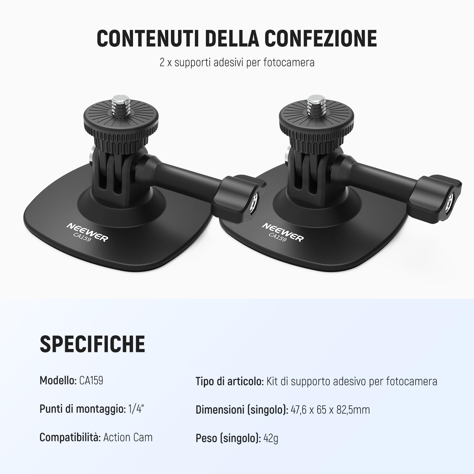 NEEWER Supporto Adesivo da 2pz Compatibile con Insta 360 GoPro DJI AKASO Action Camera, Base Attacco Casco Auto Flessibile a 180° per Riprese Video POV Live Streaming, per Accessori da 1/4", CA159