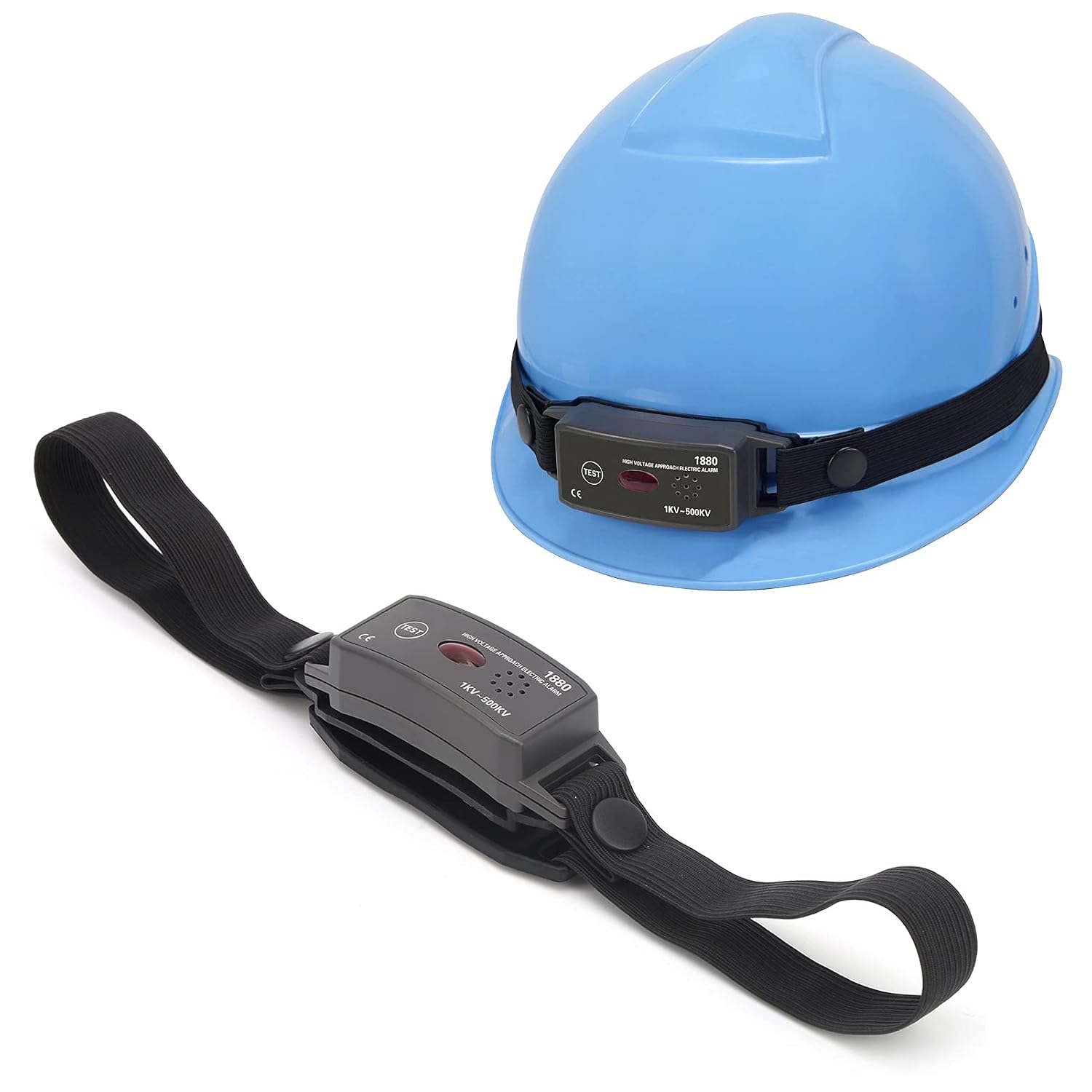 The ETCR-1880 High Voltage Approach Electric Alarm attached to a safety helmet, demonstrating proper placement for use.