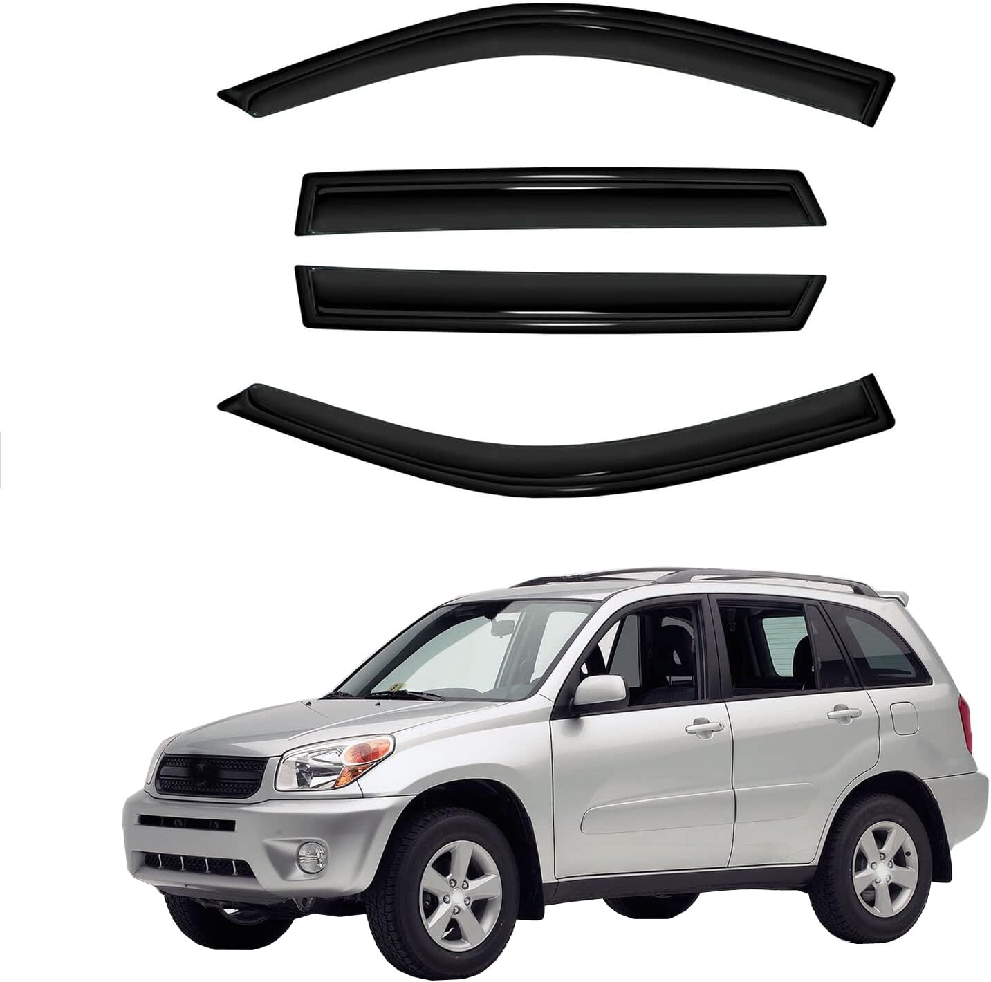 4pc Tape On Sun Rain Guards Window Visor Wind Deflector Compatible with Toyota RAV4 4 Door 2001-2005 Smoke 94434