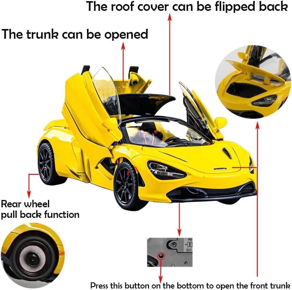 Image of WORSHIPER 1:24 Scale McLaren 720S Die-Cast with Openable Doors, Pullback Action, Lights & Sounds � Luxury Sports Car Collectible for Kids & Adults (1:24 McLaren 720S-Yellow Color)