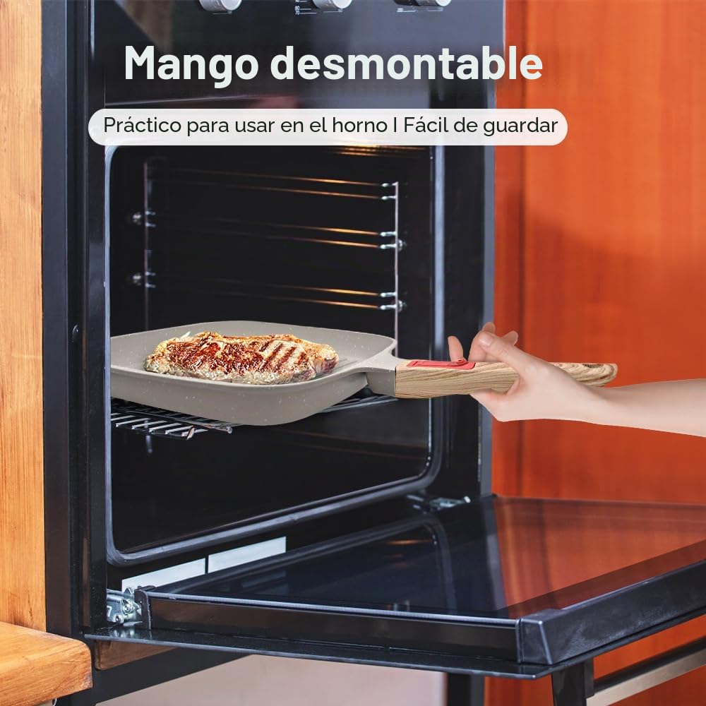 RANX INGST Grill Asador con Rayas con Tapa, 26 x 24 cm Sartén Parrilla de Aluminio Fundido con Mango Extraíble, Revestimiento Antiadherente (Blanco)