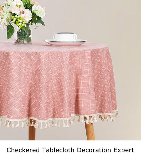 Miniatura 6 de ShinyBeauty Mantel redondo  Mantel de lino de algodón  sin arrugas  a prueba de polvo  Buffalo Check  Lino de mesa de vacaciones  55 pulgadas  Borla