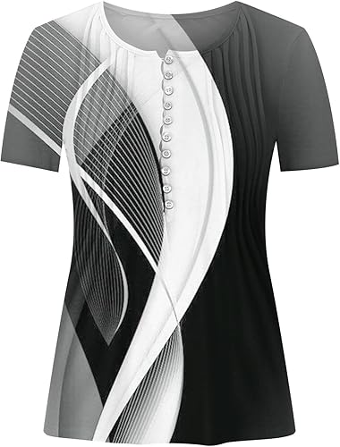 Miniatura 3 de SMIDOW Womens Tunic Tops Trendy Vintage Boho Shirts Short Sleeve Notch v Neck t-Shirt 2023 Casual Summer Blouse Empire Waist