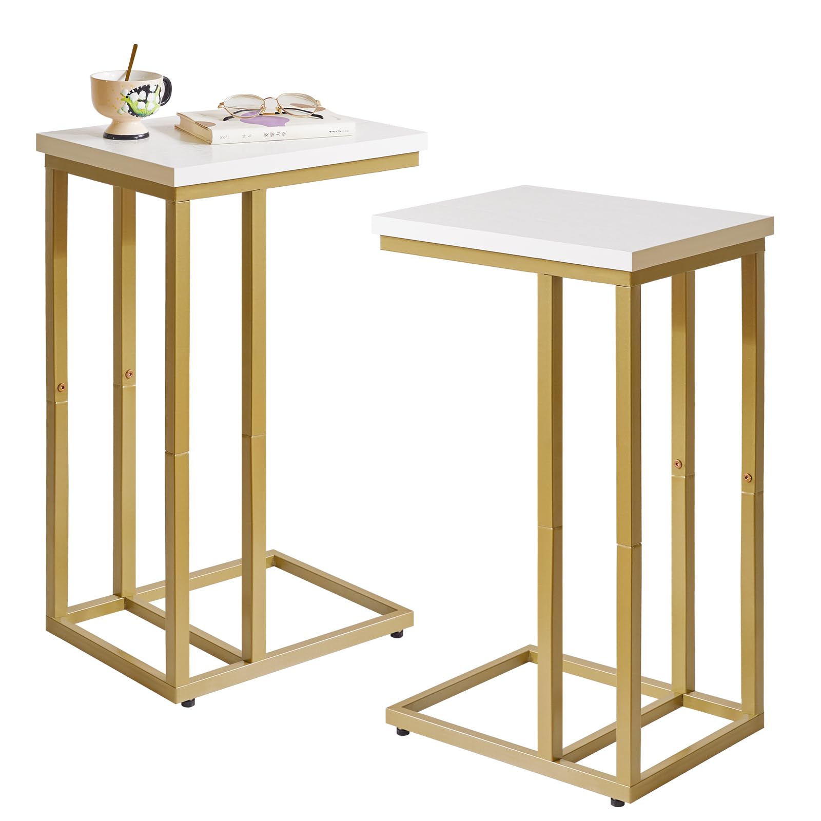 Aibiju Set of 2 Small Side Table for Laptop, End Table for Sofa, Couch Table with Metal Frame for living Room, Bedroom, Balcony, White and Gold Metal Frame, YD-TM051WG-2