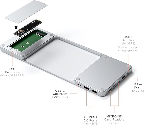قاعدة توصيل USB C Slim من Satechi لجهاز iMac مقاس 24 بوصة مع حاوية خالية من الأدوات لمحركات أقراص SSD من نوع M.2 PCIe NVMe وSATA، ومنفذ بيانات USB C، ومنفذ USB A، ومنفذي USB 2.0، وقارئ بطاقات Micro/SD - فضي