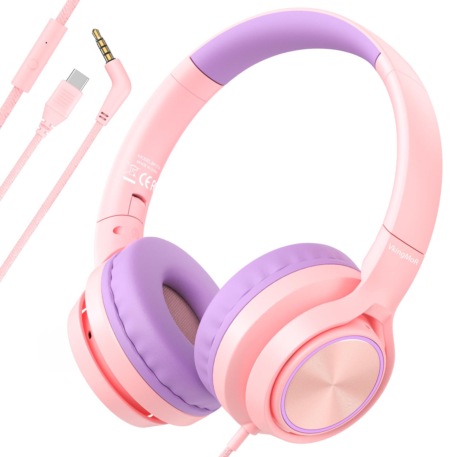 Kids Headphones for School Travel, Upgrade USB Type C Safe Volume 94dB, with Mic HD Stereo Sound Foldable On-Ear Headphones for Boys/Girls/Students/Tablet/Travel Pink