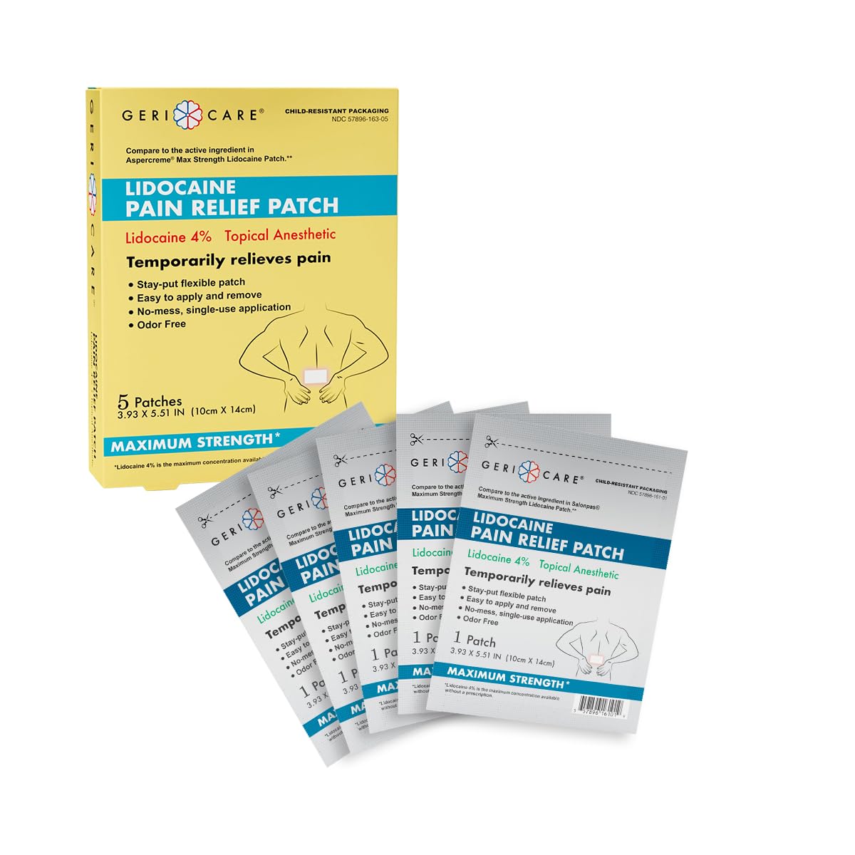 GeriCare Lidocaine Maximum Strength Pain Relief Patch, Topical Anesthetic, 10cm x 14cm, 5 Patches (Pack of 1) — Amazon image 2
